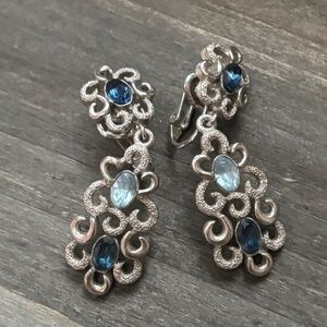 Vintage Crown Trifari Blue Crystal Rhinestone Scroll Silver Drop Clip Earrings